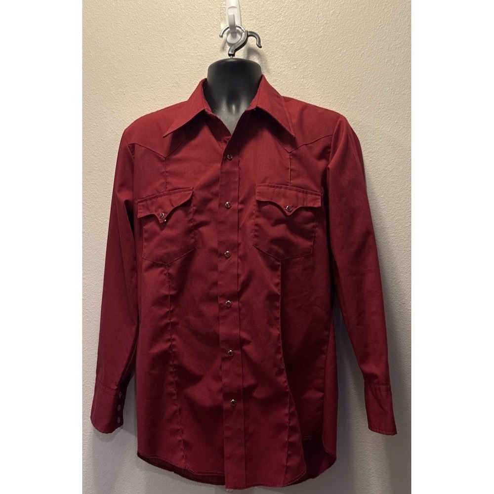 JC Penny Red‎ Pearl Snap Western Shirt Red VTG 70s Long Sleeve USA Mens 16
